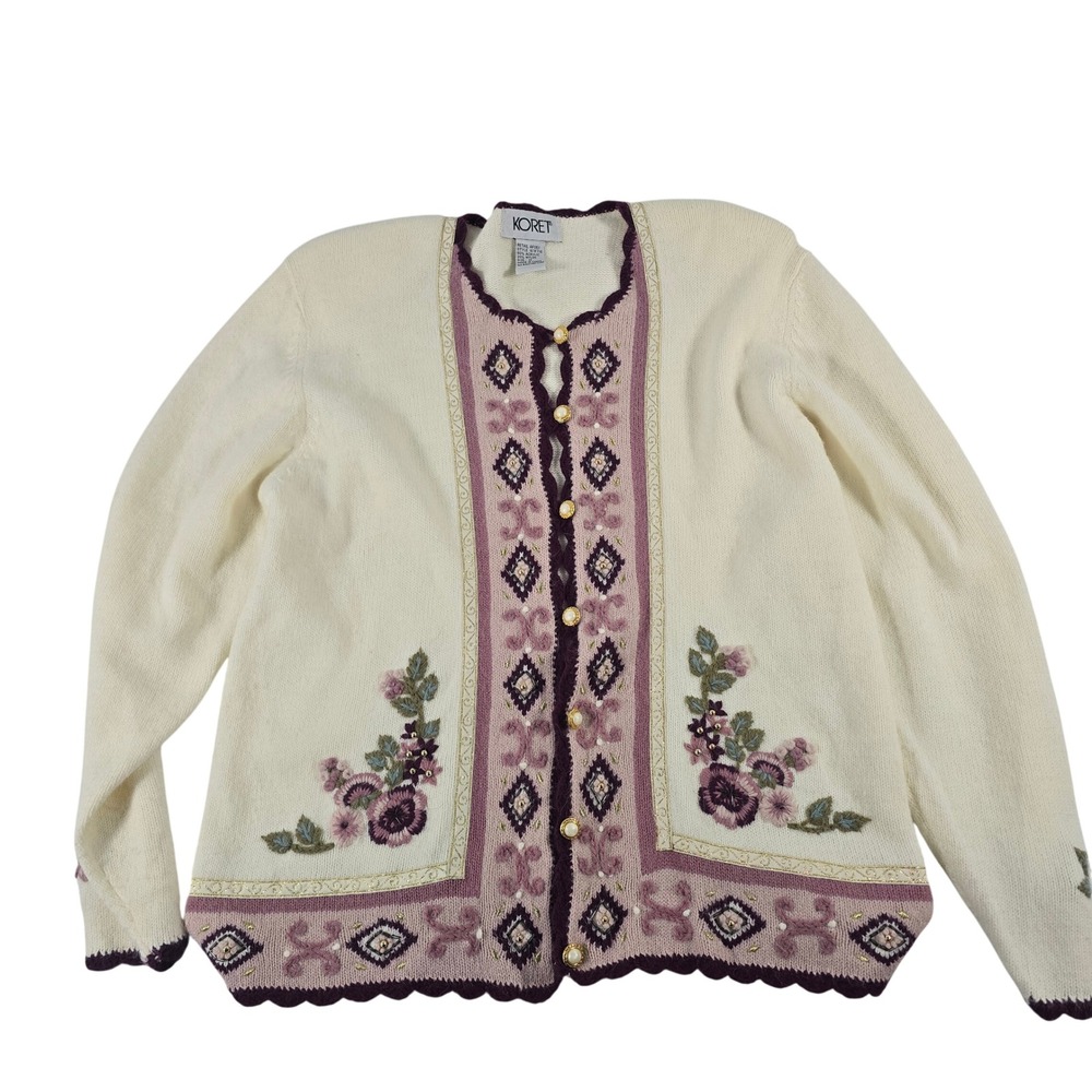 Koret Womens Floral Embroidered Cardigan Sweater Cream Purple Scalloped Size‎ M